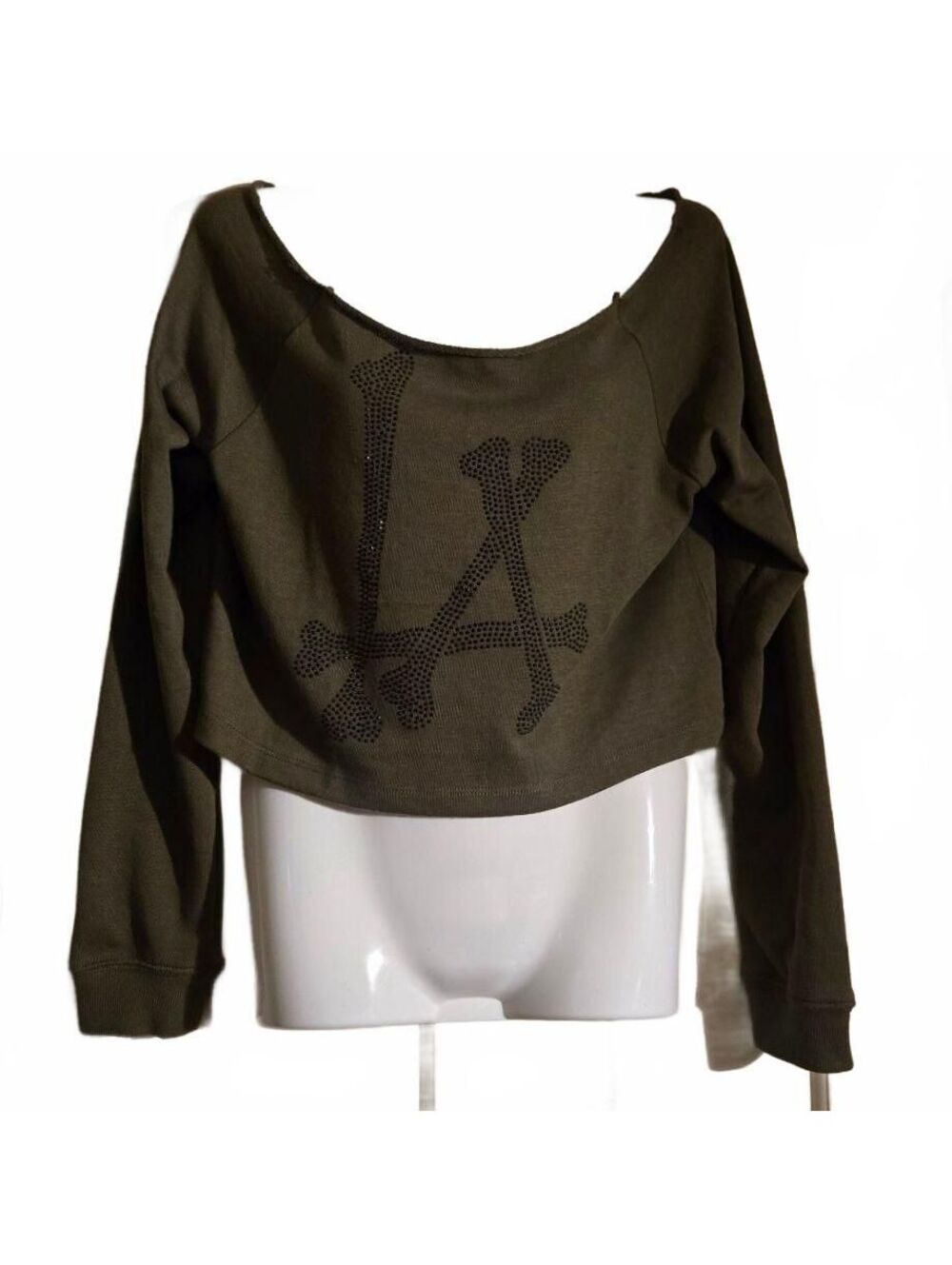 Y2k Love Tree Medium Olive Green Cropped Sweatshirt with Rhinestone LA Design